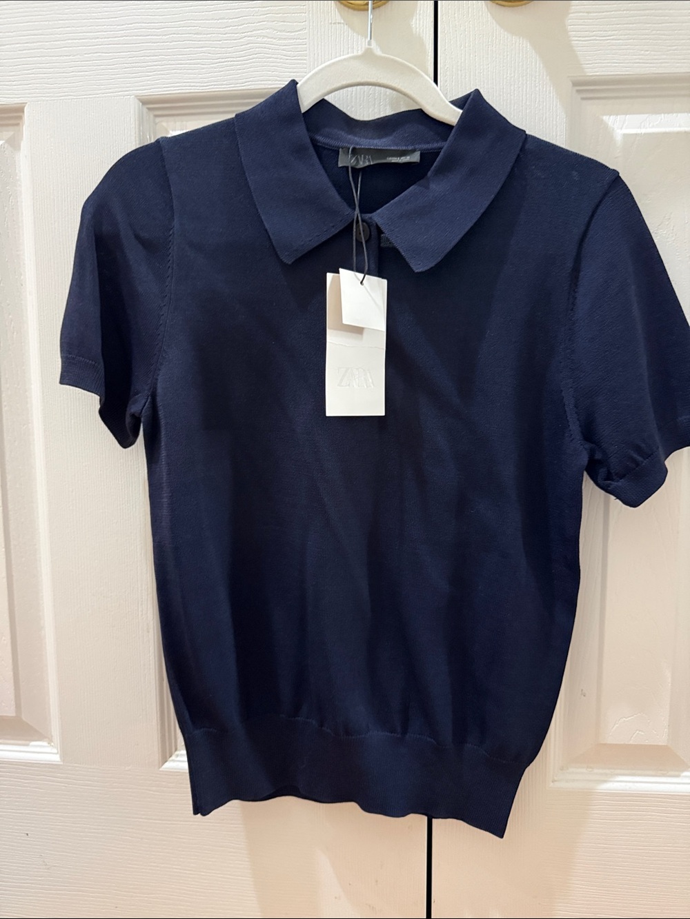 Zara Navy Short-Sleeve Polo Knit Top with Pointed Collar
